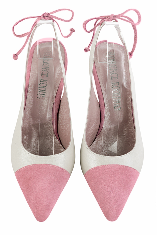 Carnation pink and pure white women's slingback shoes. Pointed toe. High slim heel. Top view - Florence KOOIJMAN